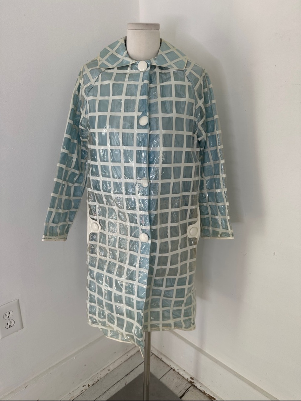 Vintage Mod 60s Vinyl Caged Look Check Rain Jacket As Is